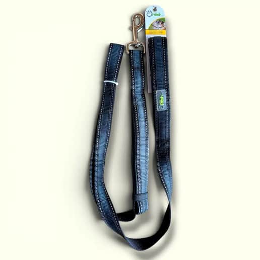 GoFresh hundesnor med to håndtag i grå nylon, detaljeret billede med reflekser.