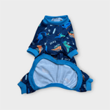 Grön hundpyjamas med dinosauriemönster och dragkedja framtill