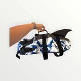 Blue camo dog life jacket, 40 cm, 'as new', with adjustable straps and handle.