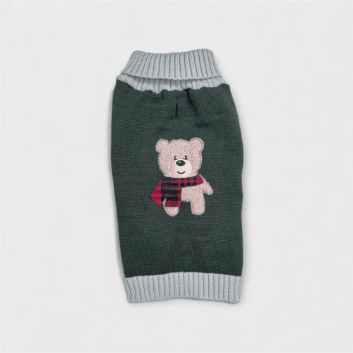 TeddyBear hundtröja i stickat material på en hundmodell framifrån, med teddybjörnsdetalj