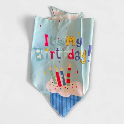 Blue pet birthday bandana with pattern.