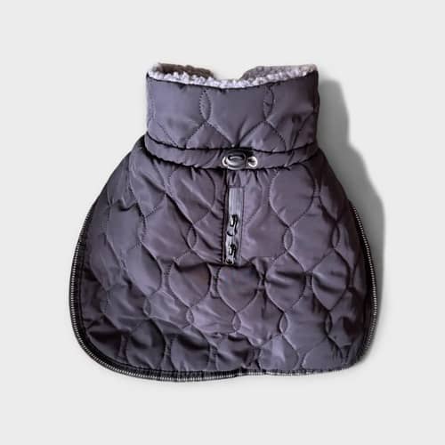 Red padded dog jacket with reflective details for small dogs, 25 cm back length.