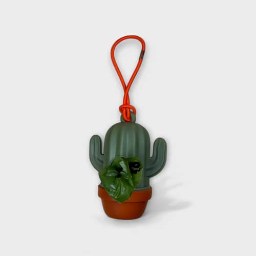 Green cactus poop bag holder for dogs with carabiner clip for easy attachment