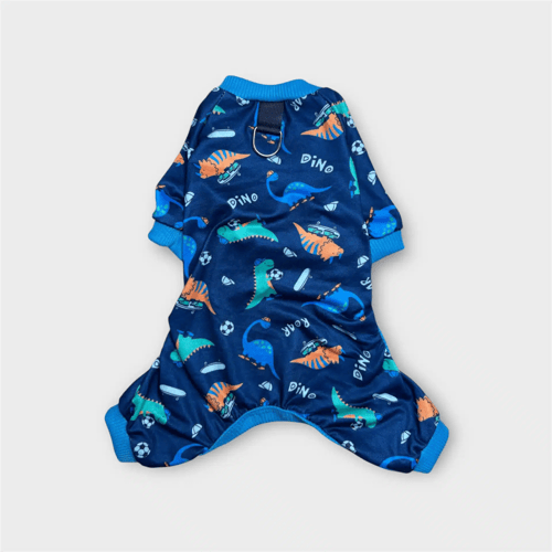 Hundpyjamas i mörkblå med färgglatt dinosauriemönster och resår, perfekt för små hundar.