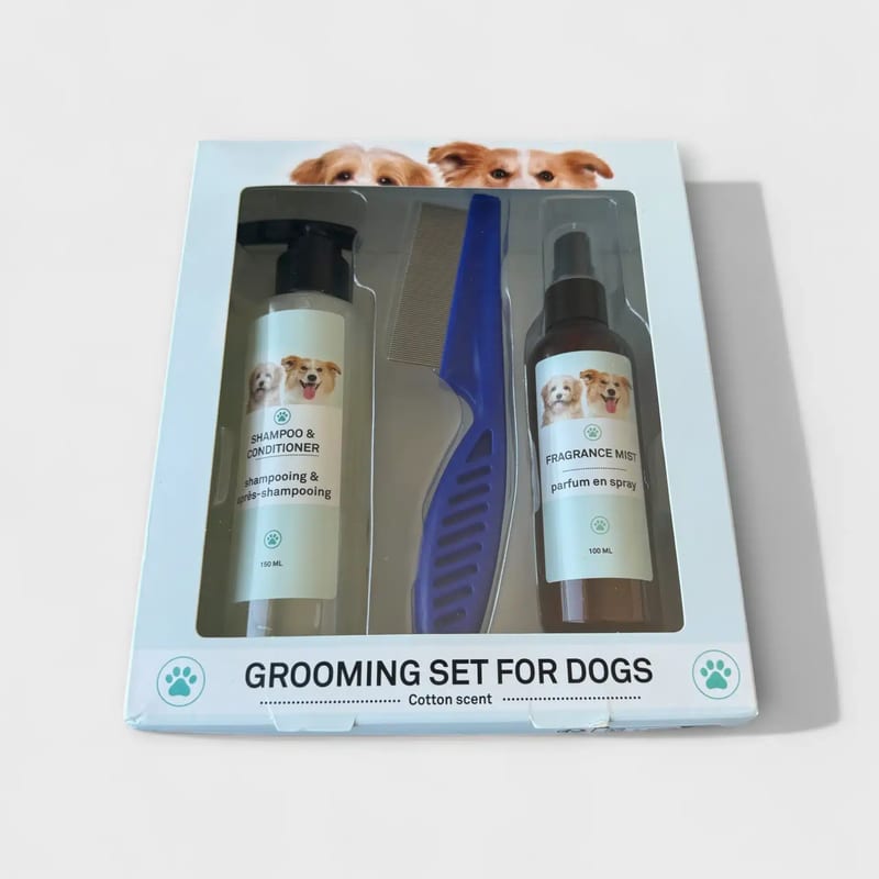 Hundeplejesæt med ubrugt shampoo, balsam, duftspray og kam fra SpringButiken