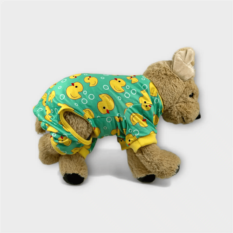 Cute duck-themed pet pajamas in size M, ideal for cats or small dogs.