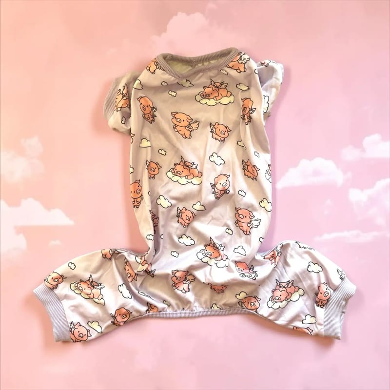 Änglagris hundpyjamas i grädde, rosa och lavendel, framifrån