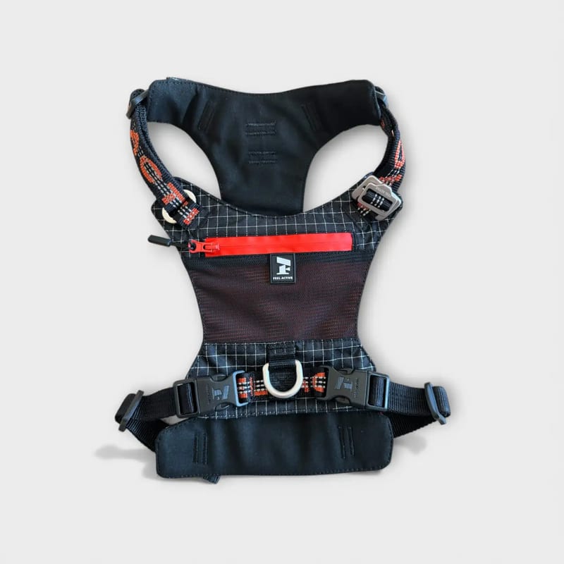 Blåmelerad Feel Active Outdoor Pocket hundsele med öppning för koppel.