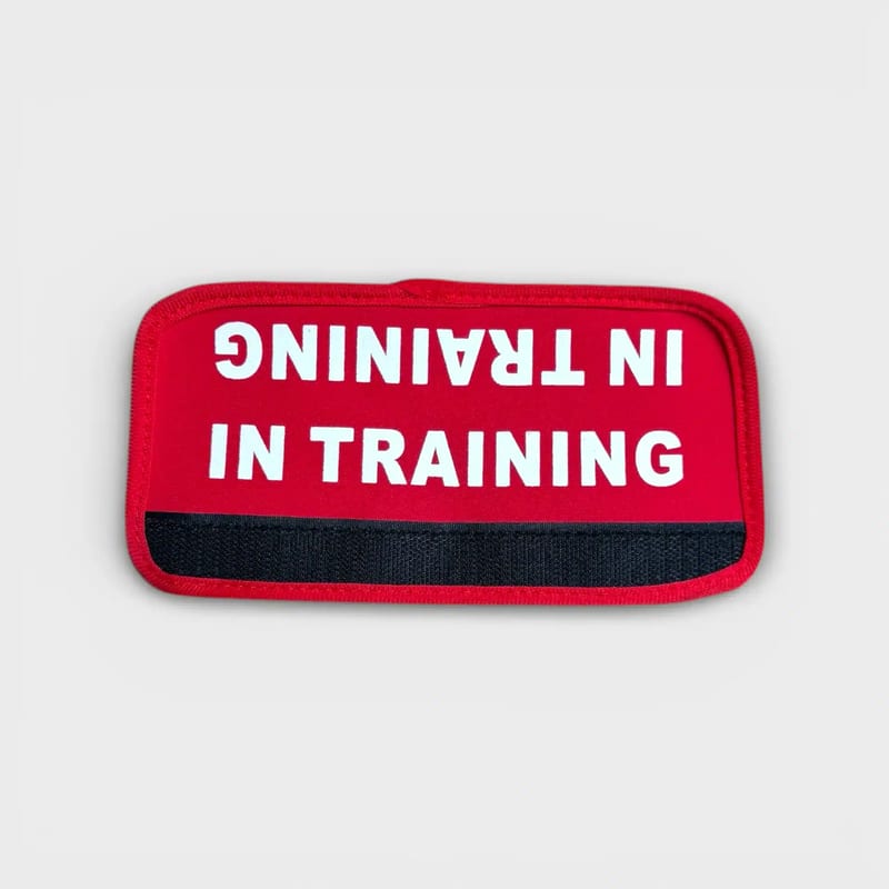 SpringButiken "In Training" säkerhetskedja för hundsele, röd, närbild av text
