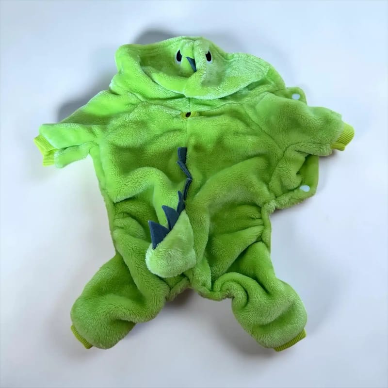 Tiny Dino Hund overall fleece, a bright green fleece garment with a dinosaur face and dark blue accents.