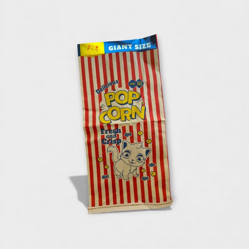 Katt som leker med PopCorn kartongpåse kattleksak, 75x35cm.